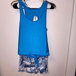 Womens Three Piece Swim suit Blue Tank Top Leaf Print Shorts Shirt Set Sz L BLUE